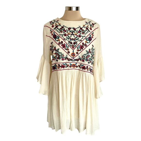 Umgee Cream Boho Bliss Embroidered Dress Sz LARGE Hippie Fairy Peasant Babydoll - Picture 1 of 10